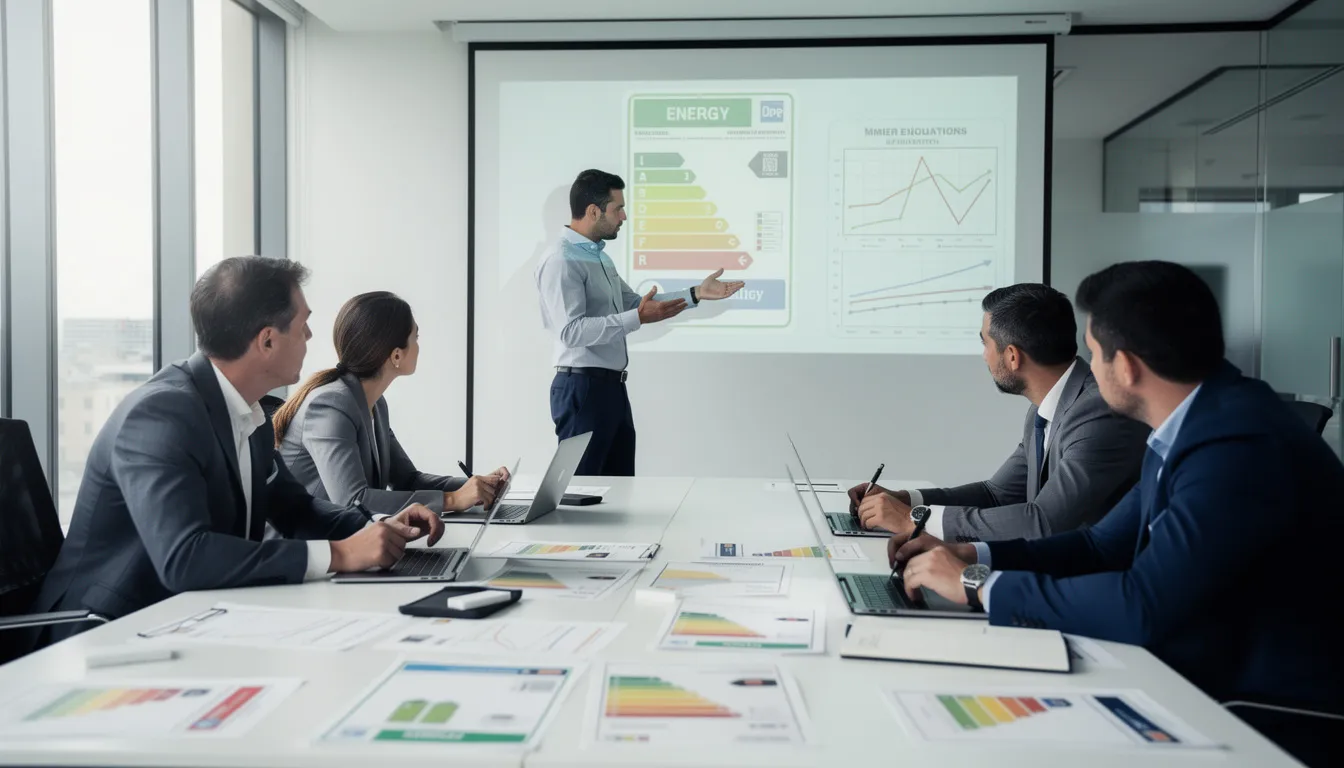 Cinq diagnostiqueurs de propriété dans un bureau moderne discutant des impacts des nouvelles réglementations sur le diagnostic de performance énergétique autour d'une table.