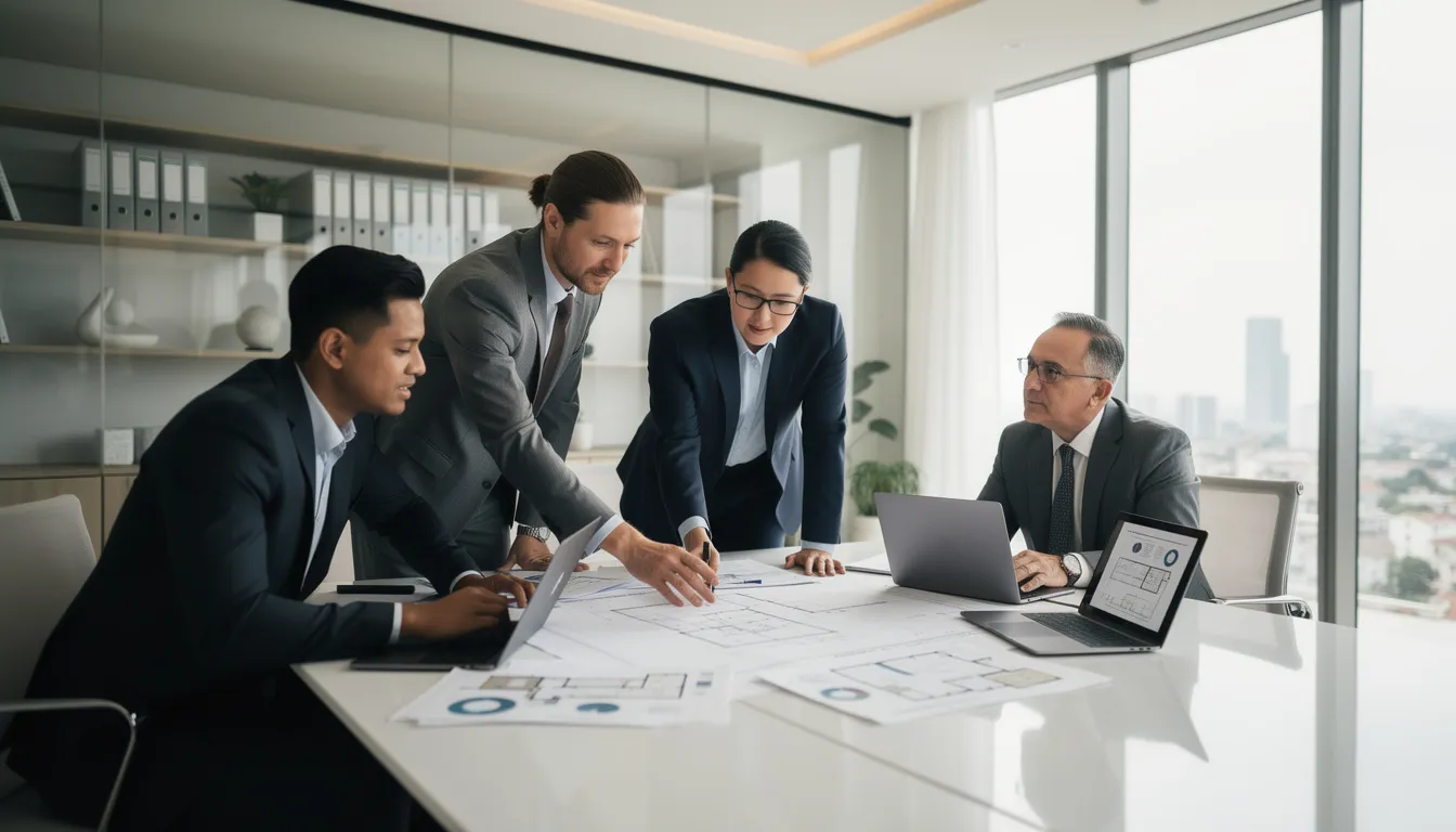 Cinq professionnels dans un bureau moderne discutant de la mise en place d'un quasi-ordre pour les diagnostics immobiliers, examinant des plans et des rapports.