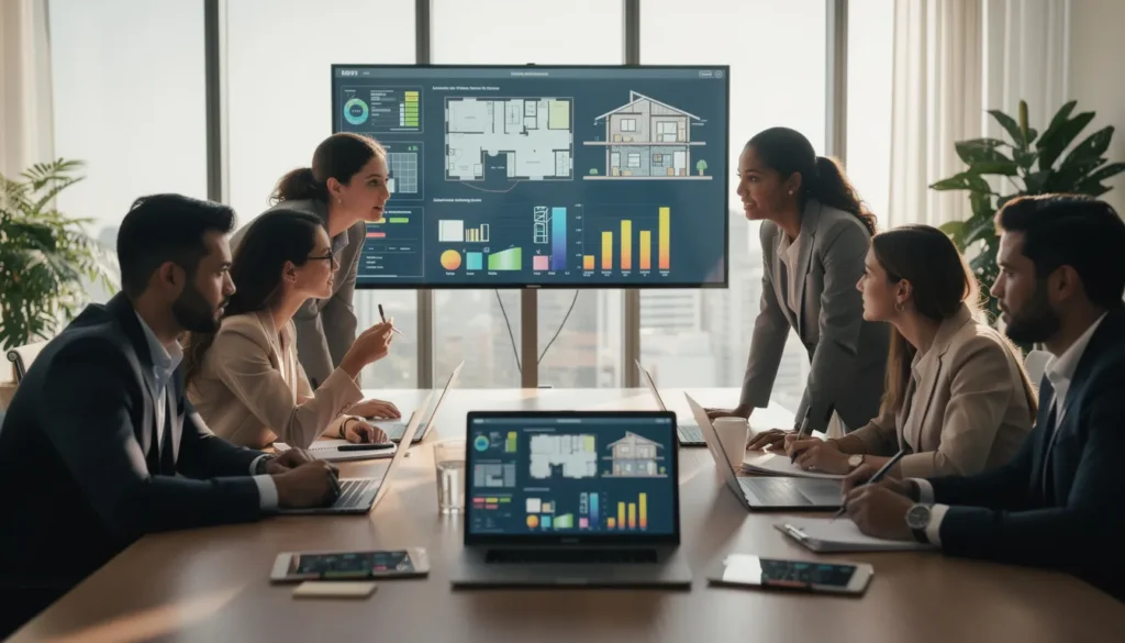 Cinq professionnels du secteur immobilier discutant autour d'une table sur un projet de rénovation énergétique, avec des graphiques de performance affichés sur des écrans.