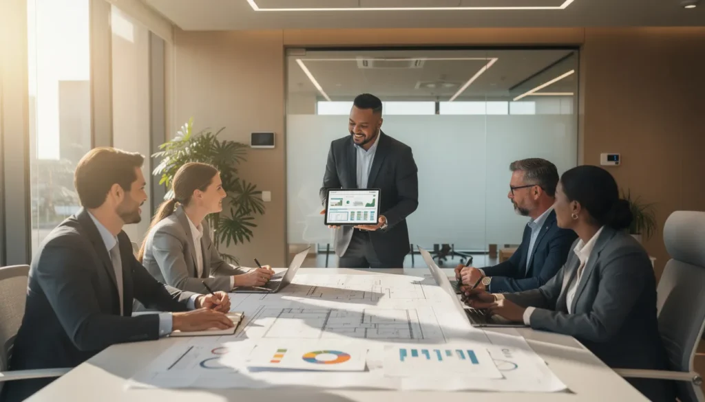 Cinq professionnels en tenue de business collaboraient autour d'une table avec des plans et rapports sur les diagnostics de performance énergétique, dans un bureau moderne éclairé par la lumière naturelle.
