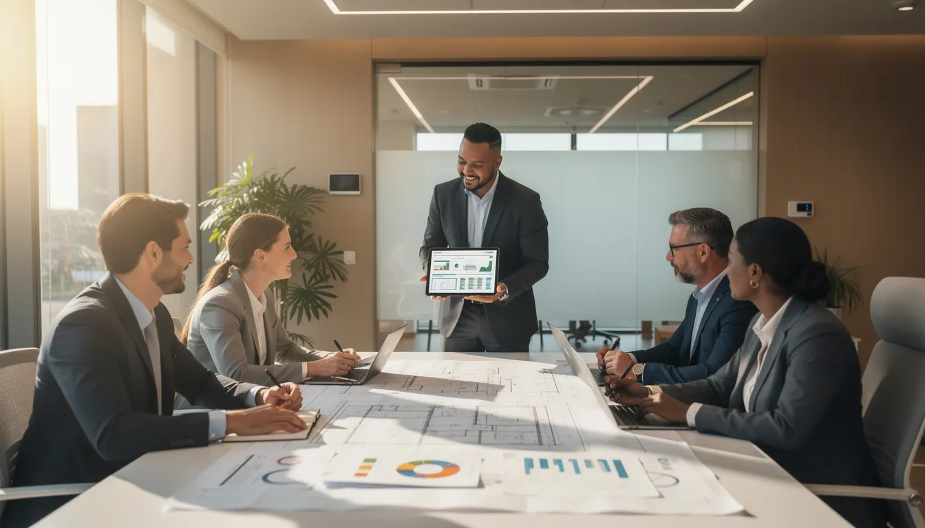 Cinq professionnels en tenue de business collaboraient autour d'une table avec des plans et rapports sur les diagnostics de performance énergétique, dans un bureau moderne éclairé par la lumière naturelle.