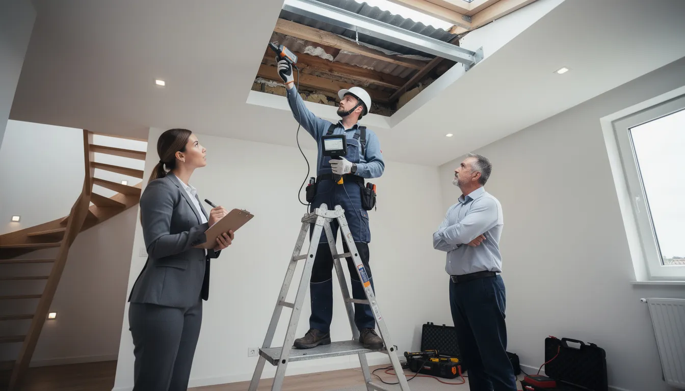 Professionnels en intervention dans une propriété résidentielle, inspectant la toiture pour vérifier la présence d'amiante, mettant en avant leur expertise en diagnostics immobiliers.