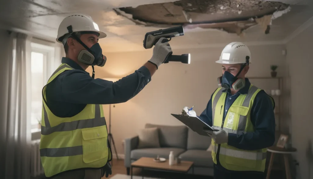 Un professionnel en casque de sécurité effectuant une inspection amiante dans un bâtiment résidentiel, avec un collègue prenant des notes sur un carnet.