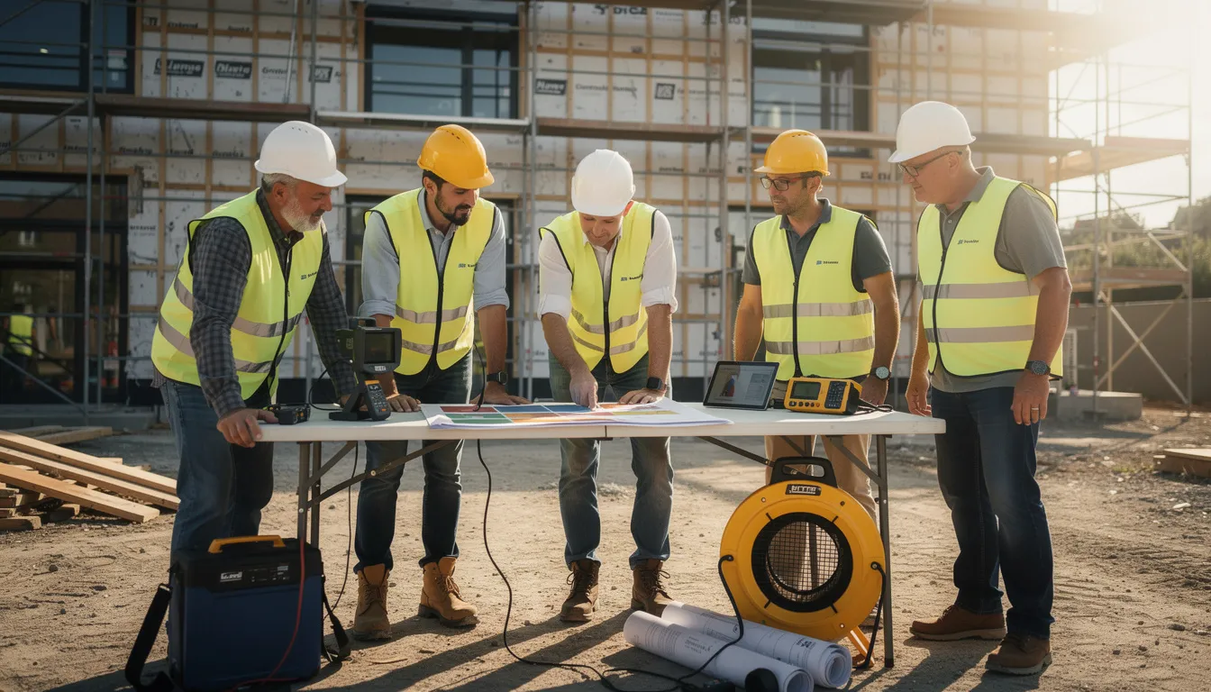 Une équipe de cinq professionnels sur un chantier inspectant un bâtiment résidentiel pour un diagnostic de performance énergétique, avec un rapport DPE étalé sur la table.