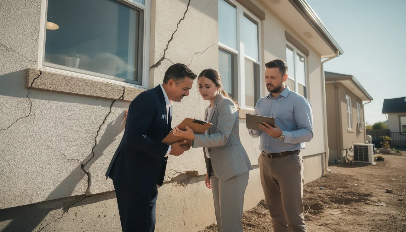 Trois professionnels inspectant un bâtiment résidentiel affecté par des mouvements de terrain avec des fissures, un expert prenant des notes sur une tablette.