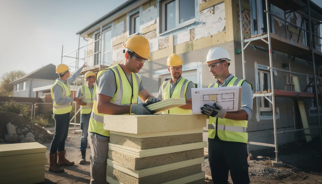 Cinq professionnels sur un chantier inspectant un bâtiment résidentiel pour la rénovation énergétique, avec attention aux matériaux d'isolation et aux documents techniques.
