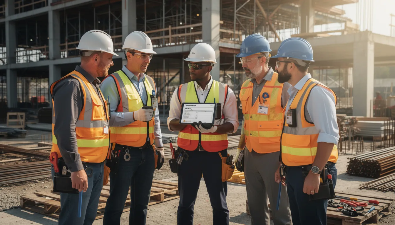 Cinq professionnels en tenue de sécurité sur un chantier, examinant une construction pour un diagnostic immobilier, discutant des résultats avec un clipboard numérique à la main.