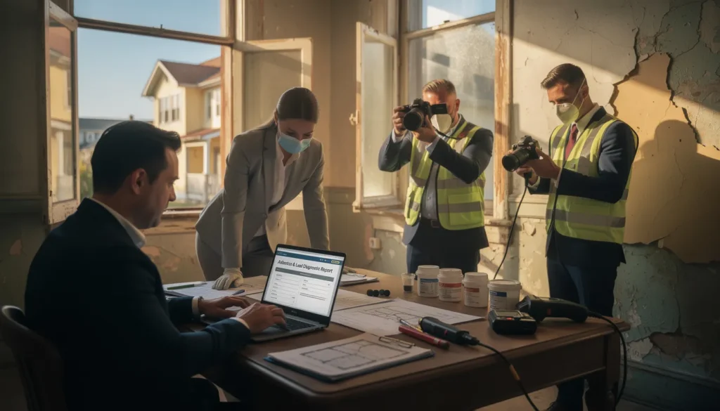 Quatre diagnostiqueurs immobiliers en tenue professionnelle inspectant un bâtiment résidentiel pour le diagnostic amiante et plomb, avec un ordinateur portable et des rapports sur la table.
