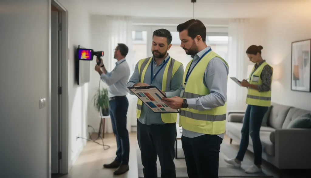 Équipe de quatre professionnels inspectant un diagnostic de performance énergétique dans un immeuble résidentiel, utilisant des équipements modernes pour évaluer l'efficacité énergétique.