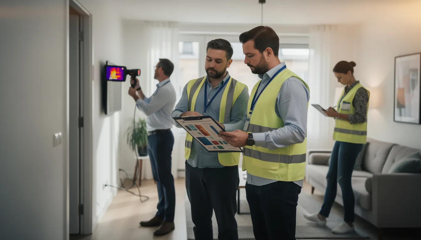 Équipe de quatre professionnels inspectant un diagnostic de performance énergétique dans un immeuble résidentiel, utilisant des équipements modernes pour évaluer l'efficacité énergétique.