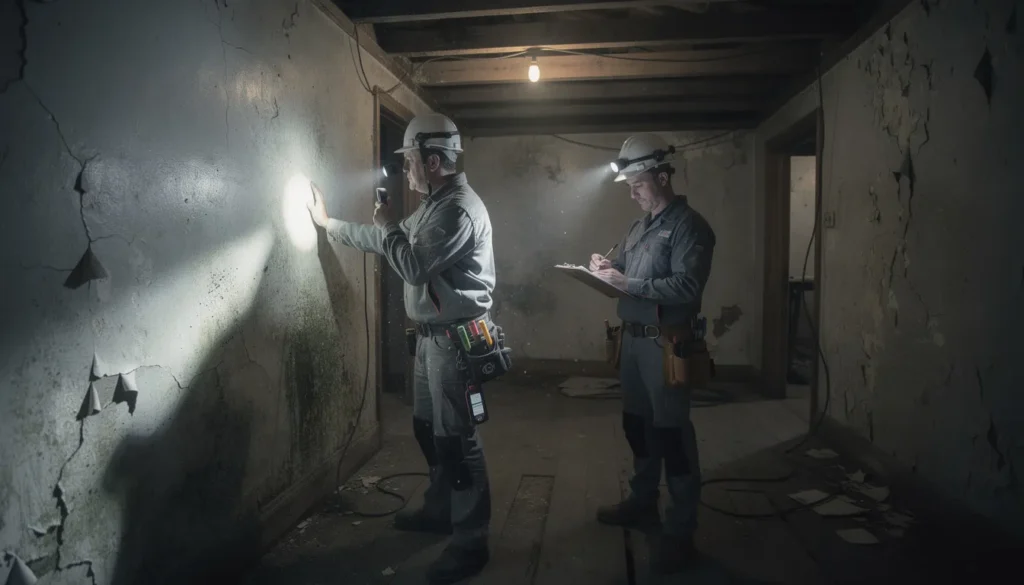 Deux professionnels en diagnostic immobilier inspectant un bâtiment ancien pour des problèmes cachés de moisissures et d'intégrité structurelle dans un environnement sombre.