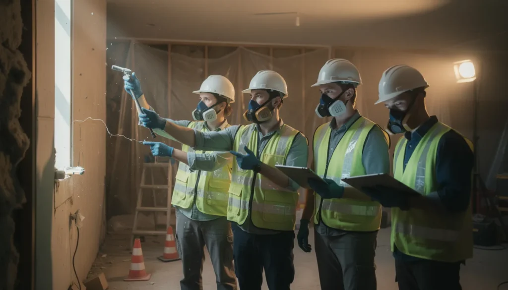 Cinq professionnels en équipement de sécurité inspectant un bâtiment résidentiel pour le diagnostic amiante, prenant des notes sur des tablettes.