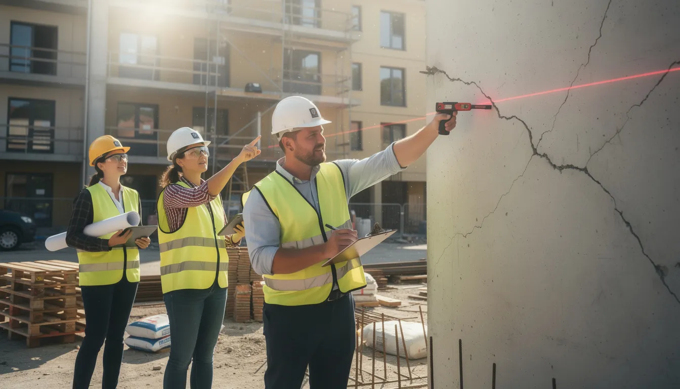 Équipe de quatre professionnels en inspection sur site d'un immeuble résidentiel, prenant des notes sur l'intégrité structurelle et examinant les fissures sur le mur.
