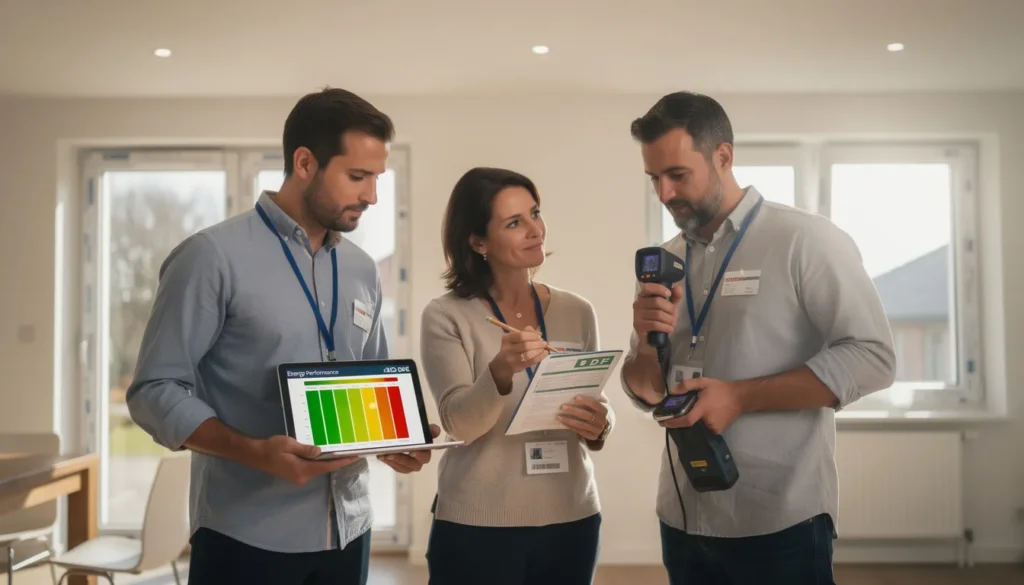 Trois professionnels inspectant une propriété résidentielle pour un diagnostic de performance énergétique, avec des graphiques et des outils pour évaluer l'efficacité énergétique.