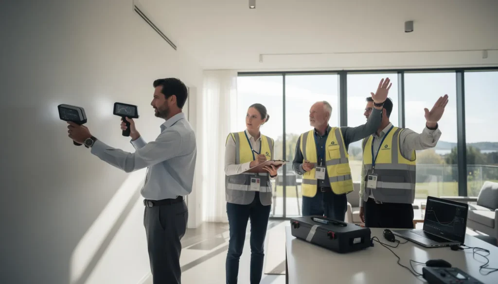 Quatre experts en train d'inspecter un immeuble résidentiel pour un diagnostic de performance énergétique, utilisant des outils modernes et prenant des notes sur un clipboard.
