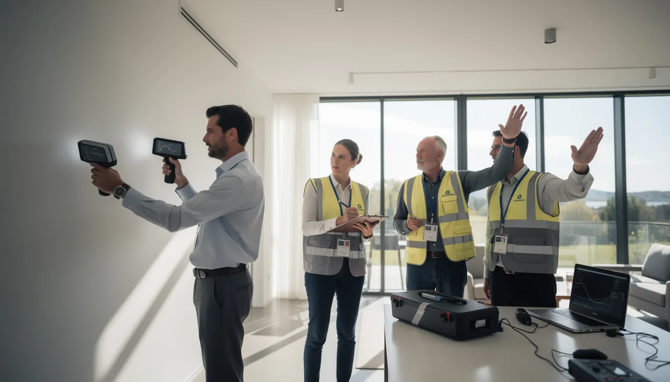 Quatre experts en train d'inspecter un immeuble résidentiel pour un diagnostic de performance énergétique, utilisant des outils modernes et prenant des notes sur un clipboard.
