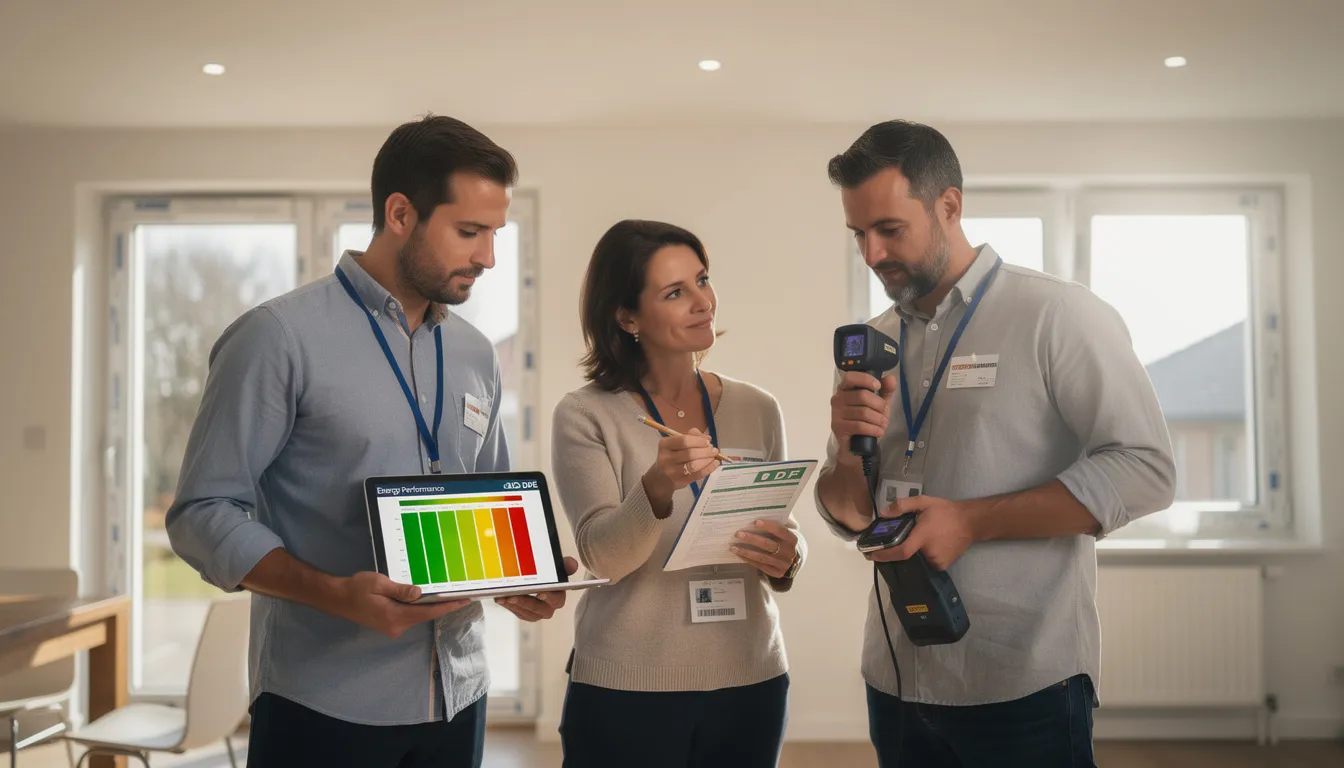 Trois professionnels inspectant une propriété résidentielle pour un diagnostic de performance énergétique, avec des graphiques et des outils pour évaluer l'efficacité énergétique.