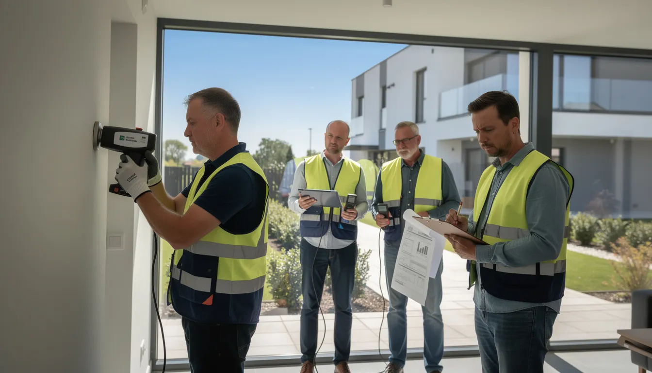 Un groupe de cinq professionnels en train d'inspecter une propriété résidentielle avec des outils de diagnostic, mettant l'accent sur l'importance des inspections professionnelles en immobilier.