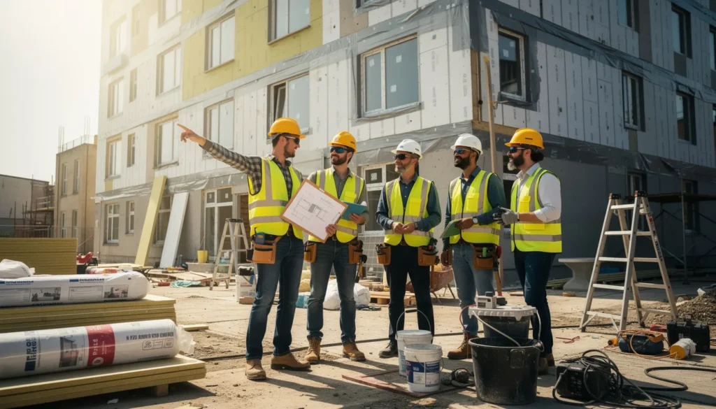 Cinq professionnels sur un chantier inspectant un bâtiment en cours de rénovation énergétique, discutant avec un plan et mettant en avant leurs compétences en diagnostics immobiliers.
