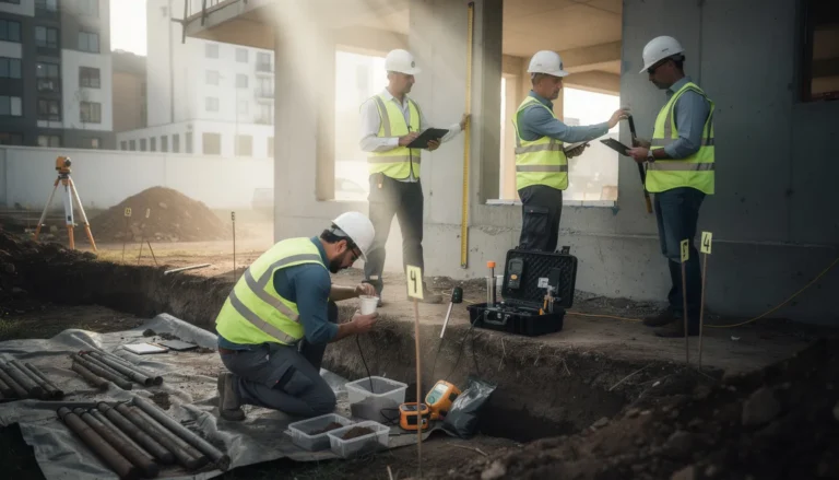 Cinq professionnels du bâtiment inspectant un immeuble résidentiel dans une zone potentiellement affectée par le retrait et le gonflement des argiles, avec des échantillons de sol et des outils de mesure.