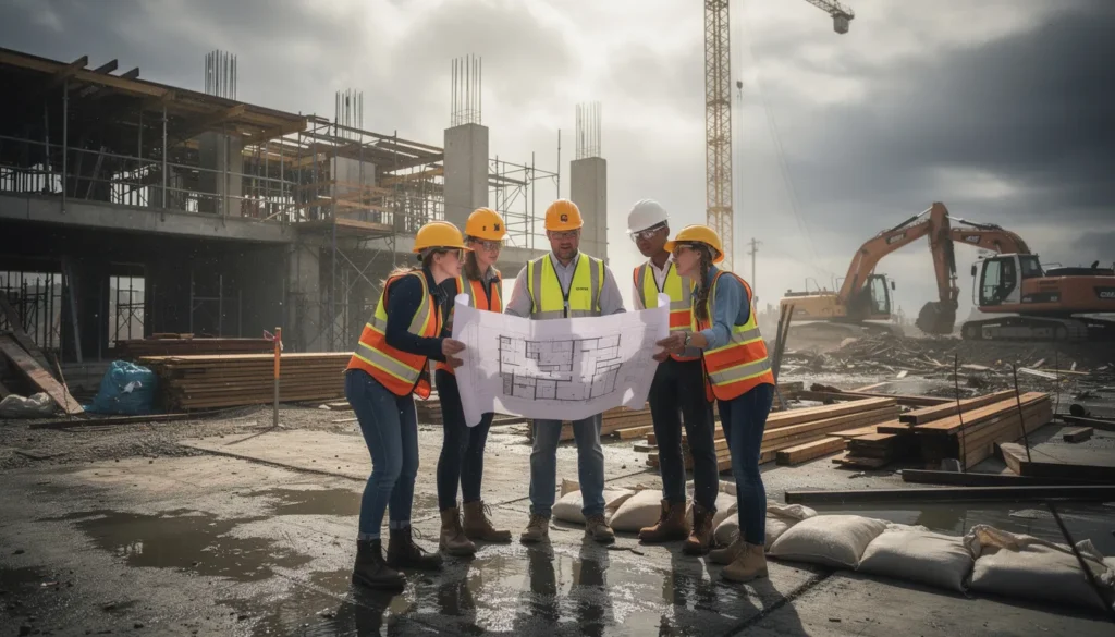 Professionnels en équipements de sécurité inspectant un site de construction touché par des catastrophes naturelles, discutant des mesures de protection contre les inondations.