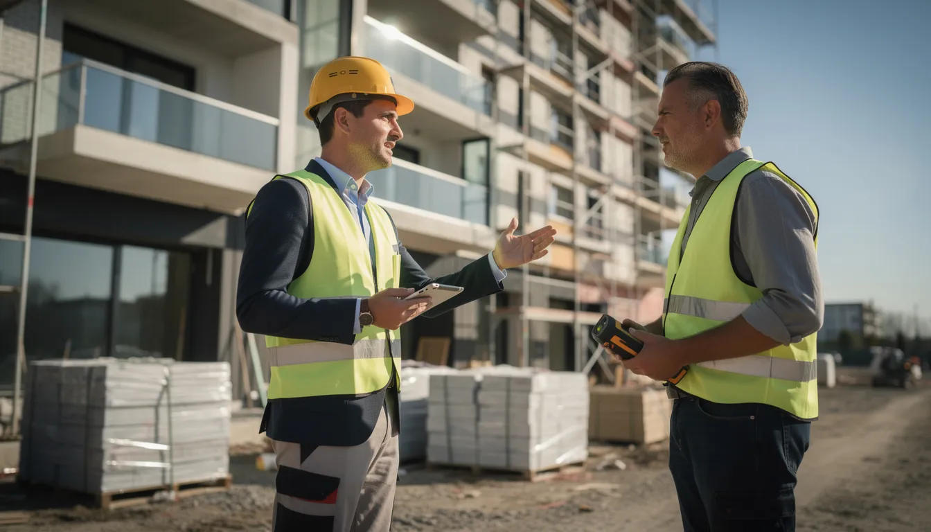Julien Henrion, diagnosticien immobilier, inspecte un bâtiment en discussion avec un collègue, mettant en avant l'importance du diagnostic immobilier.
