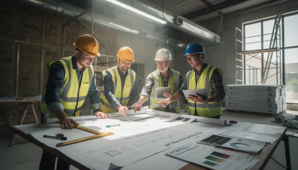 Cinq professionnels sur un chantier examinant des plans pour la mise en œuvre d'un plan pluriannuel de travaux, entourés d'équipements et de matériaux pour la rénovation énergétique.