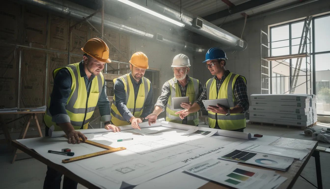 Cinq professionnels sur un chantier examinant des plans pour la mise en œuvre d'un plan pluriannuel de travaux, entourés d'équipements et de matériaux pour la rénovation énergétique.