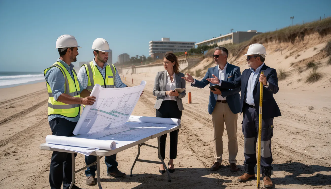 Un groupe de cinq professionnels sur un chantier côtier discutant des mesures contre l'érosion littorale, avec des plans architecturaux et un environnement naturel en arrière-plan.