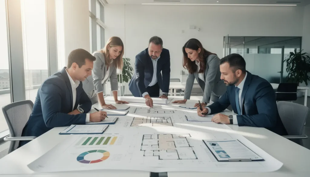 Cinq professionnels du diagnostic immobilier se réunissant dans un bureau moderne pour discuter de la création d'une fédération nationale des diagnostiqueurs, examinant des rapports et des plans.