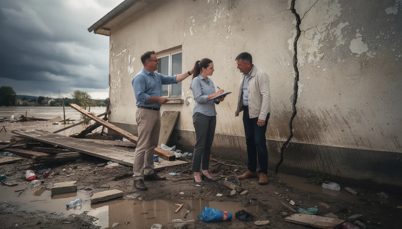 Trois professionnels inspectant un bâtiment endommagé par une catastrophe naturelle, examinant des fissures et des débris, dans une ambiance dramatique.