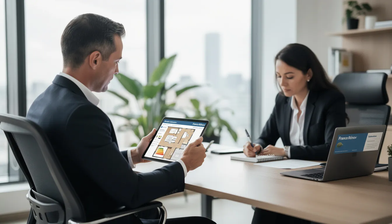 Deux professionnels dans un bureau moderne discutant d'un projet de rénovation avec un accent sur France Rénov', une tablette numérique en main et un environnement professionnel.