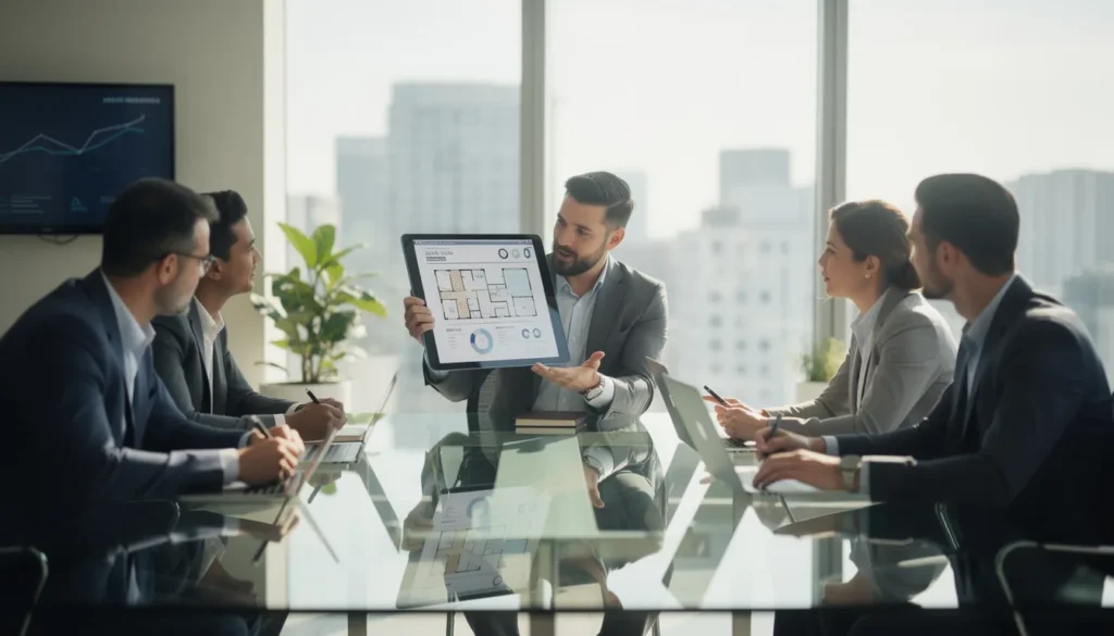 Scène de six professionnels dans un bureau moderne discutant de diagnostics immobiliers, avec des échanges dynamiques autour d'un rapport sur une tablette.