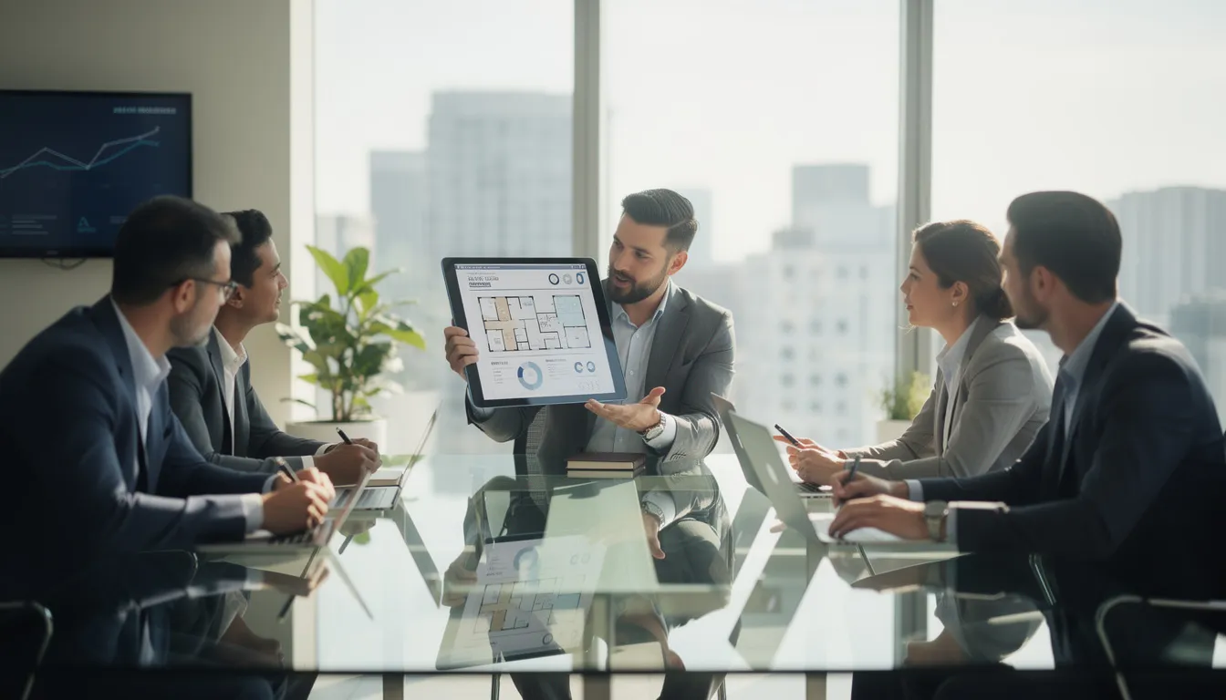 Scène de six professionnels dans un bureau moderne discutant de diagnostics immobiliers, avec des échanges dynamiques autour d'un rapport sur une tablette.