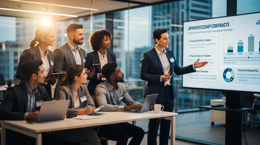 Un groupe d'apprentis et de professionnels expérimentés dans un bureau moderne discutant des aides financières pour l'embauche des apprenants dans le diagnostic immobilier.
