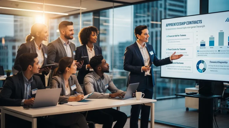 Un groupe d'apprentis et de professionnels expérimentés dans un bureau moderne discutant des aides financières pour l'embauche des apprenants dans le diagnostic immobilier.