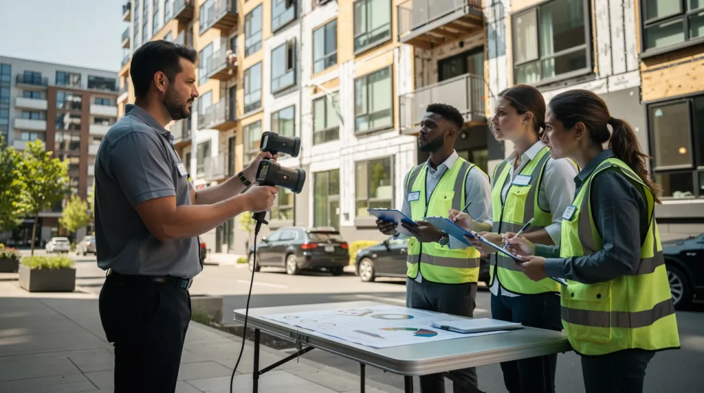 Cinq professionnels en extérieur effectuant un audit énergétique sur un bâtiment résidentiel, avec un expert utilisant une caméra thermique et d'autres notant des observations.