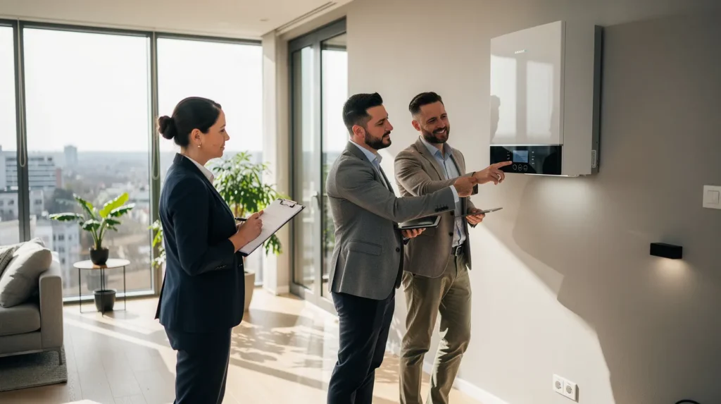 Équipe de professionnels effectuant un audit énergétique dans un bâtiment résidentiel, en examinant une installation de pompe à chaleur moderne.