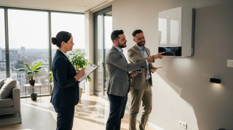 Équipe de professionnels effectuant un audit énergétique dans un bâtiment résidentiel, en examinant une installation de pompe à chaleur moderne.