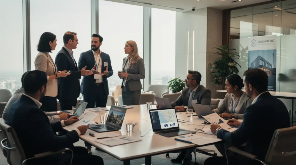 Groupe de professionnels lors d'une conférence sur le diagnostic immobilier, discutant des enjeux futurs avec des rapports sur les tables dans une salle moderne éclairée.