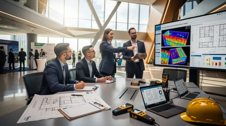 Groupe de cinq professionnels à un salon de diagnostic immobilier, discutant autour d'une présentation sur un écran, ambiance professionnelle et collaborative.