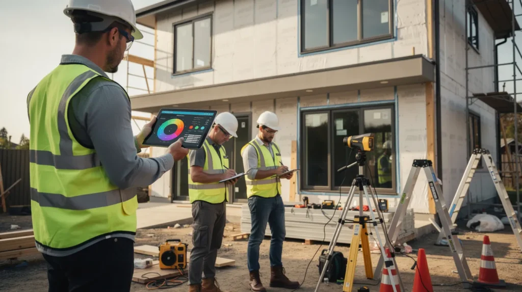 Trois professionnels en consultation sur un chantier, inspectant un bâtiment résidentiel pour l'efficacité énergétique avec une tablette et des notes.