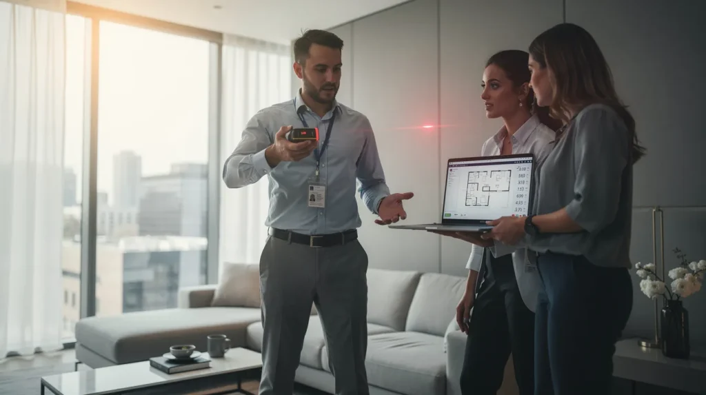Un diagnostiqueur professionnel en train de mesurer la superficie d'un appartement avec un outil de mesure laser, illustrant l'importance de la précision dans les diagnostics immobiliers.
