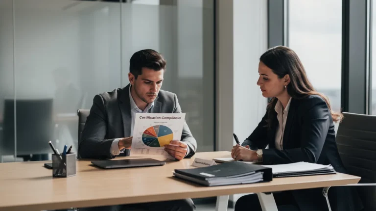 Deux professionnels dans un bureau moderne discutant des implications de ne pas obtenir toutes les certifications nécessaires dans le domaine du diagnostic immobilier.