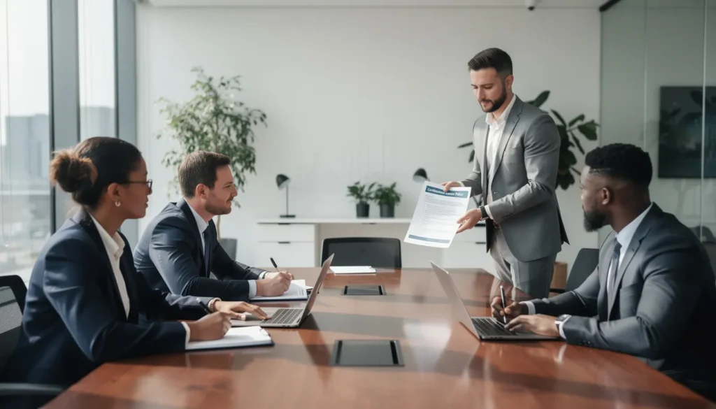 Un groupe de cinq professionnels dans un bureau lumineux discutant d'un congé de certification pour les diagnostiqueurs immobiliers, avec des documents et des notes.
