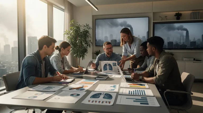 Cinq professionnels en tenue décontractée discutant de l'impact de la pollution de l'air sur la productivité dans un bureau moderne, entouré de rapports et d'études sur la santé.