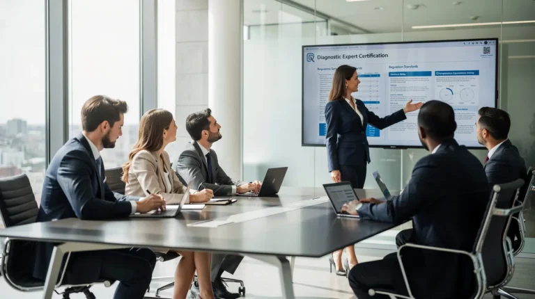 Cinq professionnels dans un bureau moderne discutant des réglementations concernant la certification des diagnostiqueurs, avec un grand écran affichant des documents de certification.