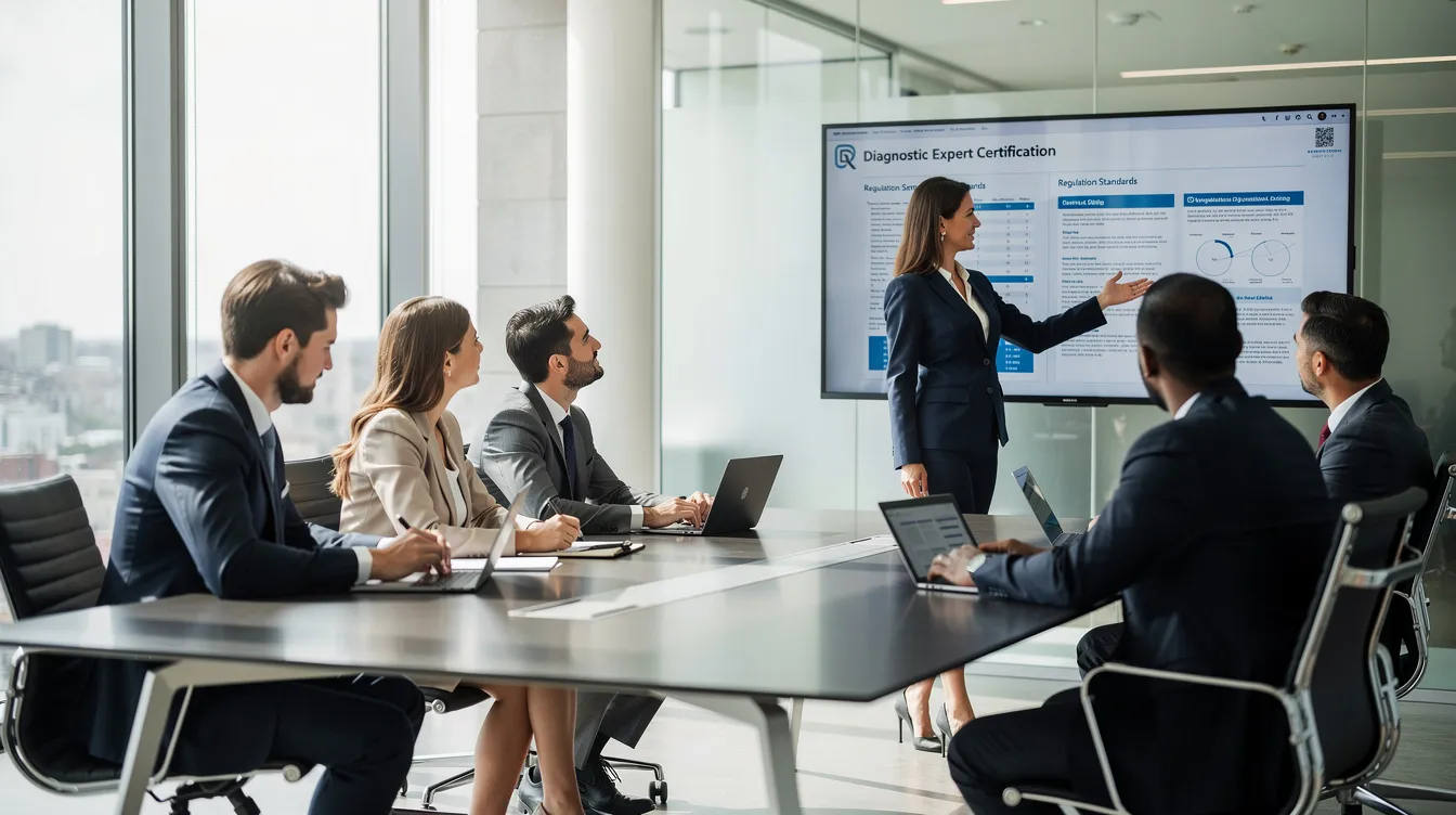 Cinq professionnels dans un bureau moderne discutant des réglementations concernant la certification des diagnostiqueurs, avec un grand écran affichant des documents de certification.