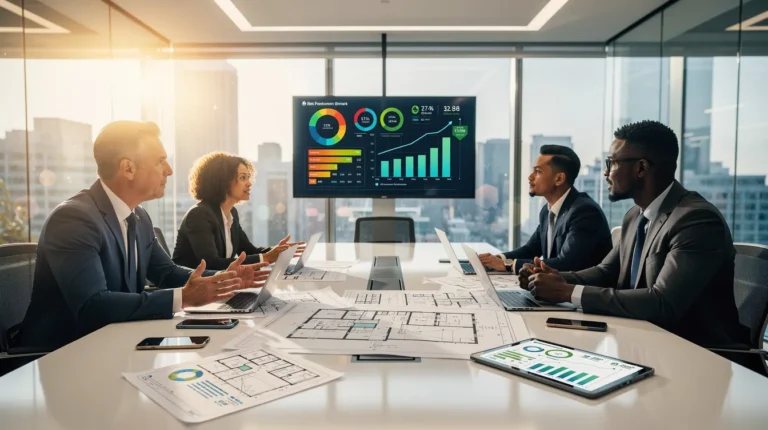 Groupe de cinq professionnels en réunion sur des stratégies de rénovation énergétique, autour d'une grande table dans un bureau moderne.