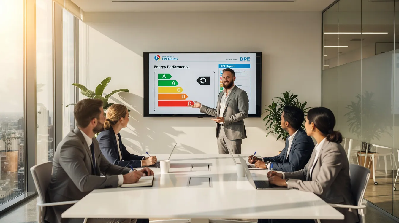 Cinq professionnels de l'immobilier dans un bureau moderne discutant d'un diagnostic de performance énergétique avec un rapport détaillé affiché à l'écran.
